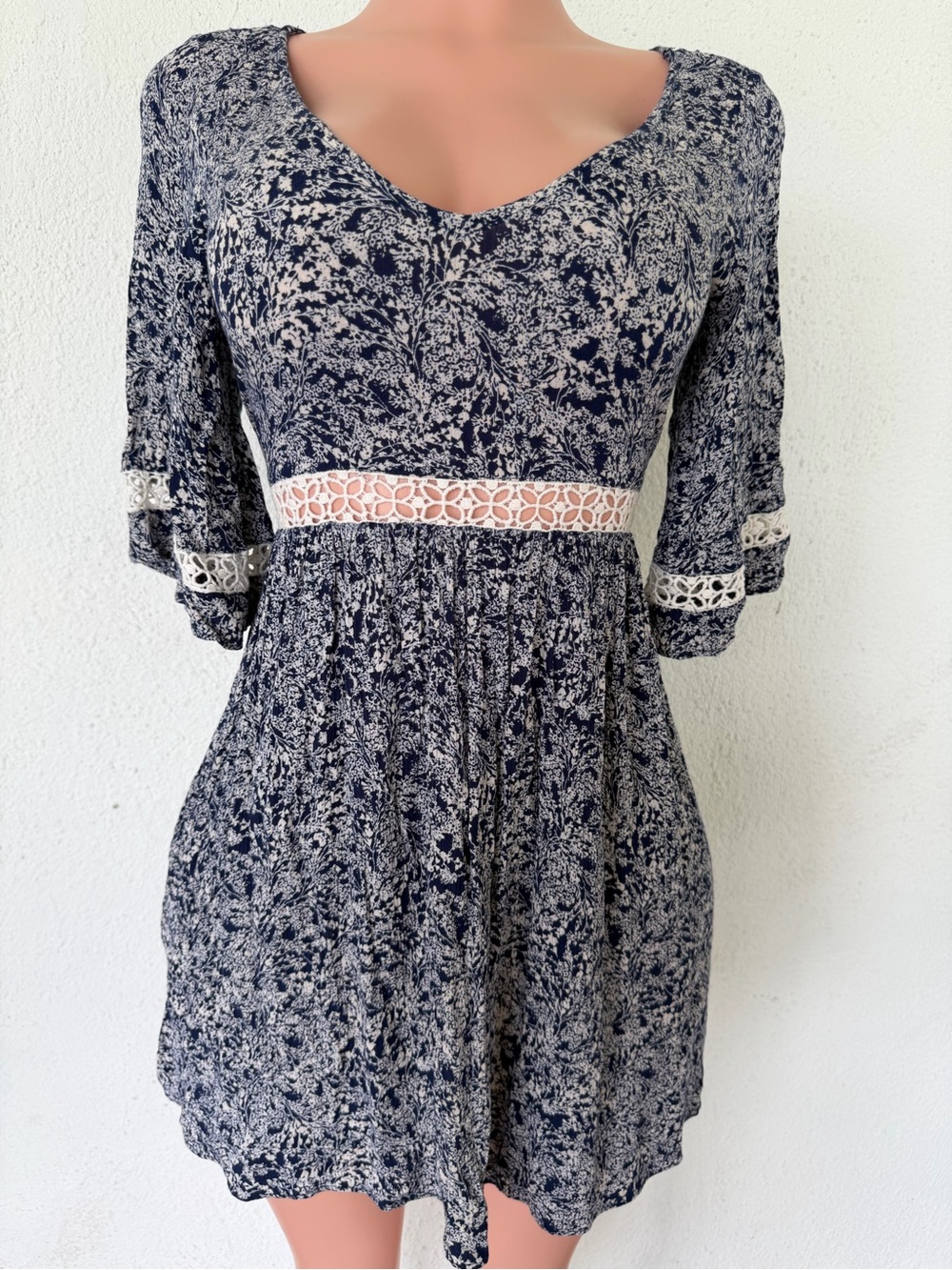 O'Neill Navy and White Floral Lace-Trim Mini Dress